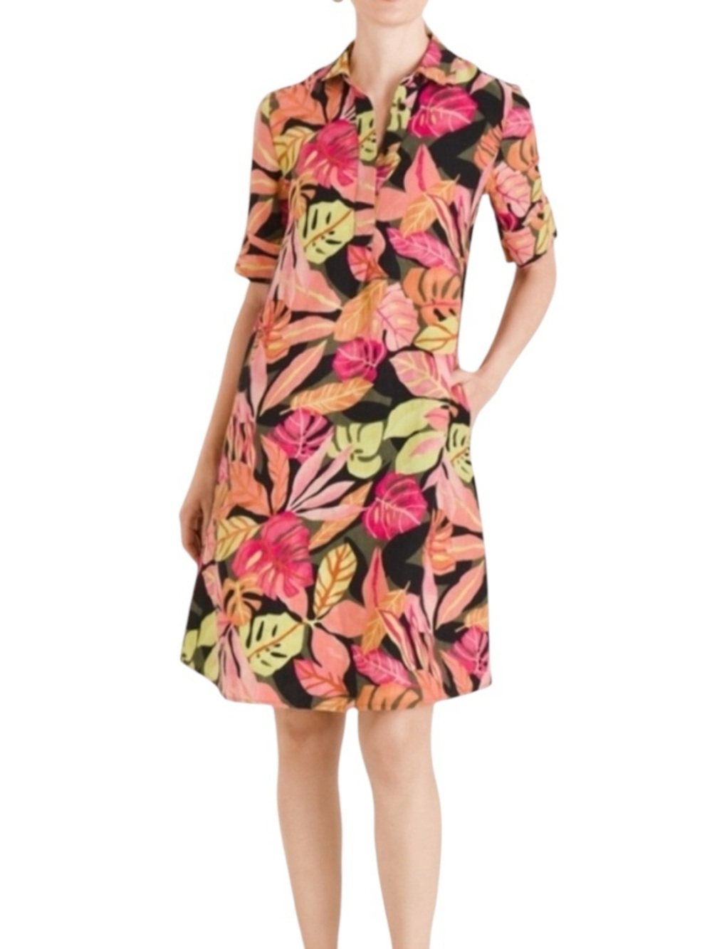 NEW Chico's Black Shirt Midi Tropical Leaves Linen Dress